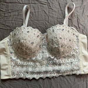 White Lace Rhinestone Bustier Corset Bralette Top Size Large Y2K Coquette Glam
